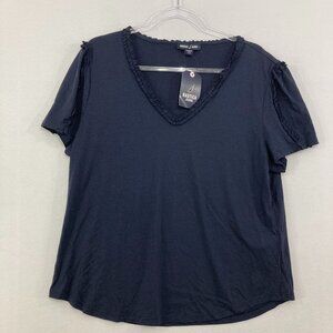 New Nautica size XL Navy Ruffle V Neck Stretch Knit Casual Blouse